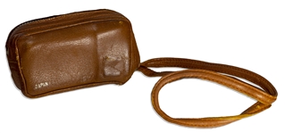 Moe Howard's Handwritten Luggage Tag & His Minolta-16 Miniature Camera, in Brown Leather Case -- Leather Tag Measures 3.75'' x 2'', Cased Camera Measures 4'' x 2'' -- Very Good